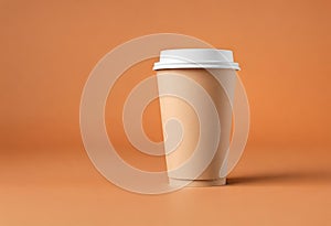 Blank coffee paper cup on the table. Mockup of coffee paper cup. Isolated on orange background, v8