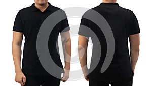 Blank collared shirt mock up template, front and back view, Asian male model wearing plain black t-shirt isolated on white