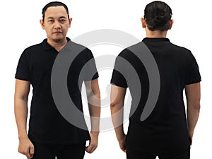 Blank collared shirt mock up template, front and back view, Asian male model wearing plain black t-shirt  on white