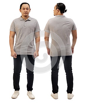 Blank collared shirt mock up template, front and back view, Asian male model wearing plain grey t-shirt isolated on white. Full