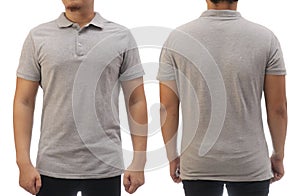 Blank collared shirt mock up template, front and back view, Asian male model wearing plain greys t-shirt isolated on white. Polo