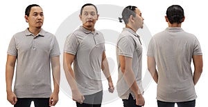 Blank collared shirt mock up template, front and back view, Asian male model wearing plain greys t-shirt isolated on white. Polo