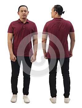 Blank collared shirt mock up template, front and back view, Asian male model wearing plain maroon red t-shirt isolated on white.