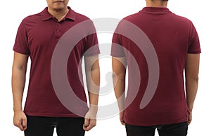 Blank collared shirt mock up template, front and back view, Asian male model wearing plain maroon red t-shirt isolated on white.
