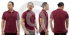 Blank collared shirt mock up template, front and back view, Asian male model wearing plain maroon red t-shirt isolated on white.