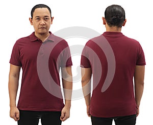 Blank collared shirt mock up template, front and back view, Asian male model wearing plain maroon red t-shirt isolated on white.