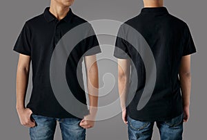 Blank collared shirt mock up template, front and back view, Asian teenage male model wearing plain black t-shirt on gray