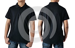 Blank collared shirt mock up template, front and back view, Asian teenage male model wearing plain black t-shirt isolated on white