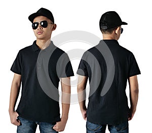 Blank collared shirt mock up template, front and back view, Asian teenage male model wearing plain black t-shirt  on white
