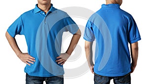 Blank collared shirt mock up template, front and back view, Asian teenage male model wearing plain blue t-shirt isolated on white