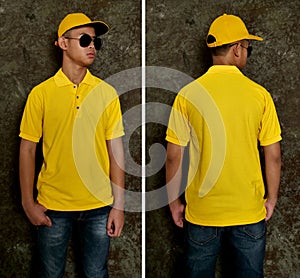 Blank collared shirt mock up template, front and back view, Asian teenage male model wearing plain yellow t-shirt. Polo tee design