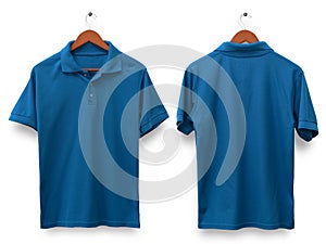 Blank collared shirt mock up template, front and back view, isolated on white, plain blue t-shirt mockup