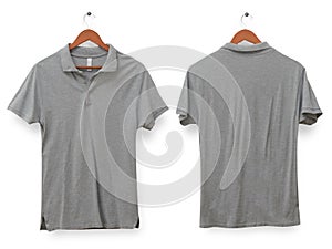 Blank collared shirt mock up template, front and back view, isolated on white, plain gray t-shirt mockup