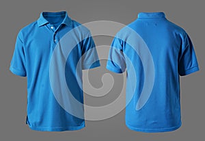 Blank collared shirt mock up template, front and back view, plain blue t-shirt isolated on grey. Polo tee design mockup