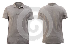 Blank collared shirt mock up template, front and back view, plain grey t-shirt isolated on white. Polo tee design mockup