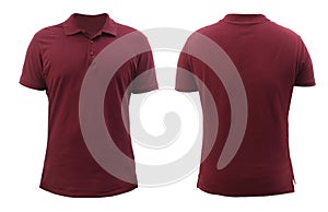 Blank collared shirt mock up template, front and back view, plain maroon red t-shirt isolated on white. Polo tee design mockup