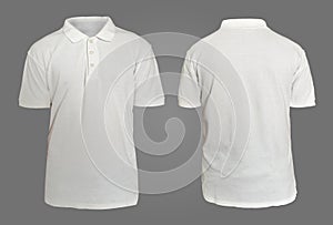 Blank collared shirt mock up template, front and back view, plain white t-shirt isolated on grey. Polo tee design mockup