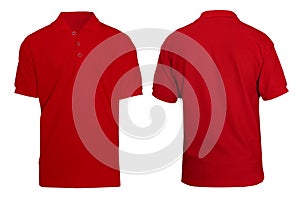 Blank collared shirt mock up template, front and rear view, plain red t-shirt isolated on white. Polo tee design mockup