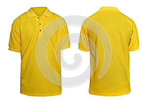 Blank collared shirt mock up template, front and rear view, plain yellow t-shirt isolated on white. Polo tee design mockup