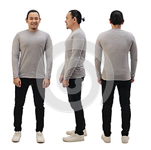 Blank collared shirt mock up template, front side and back view, Asian male model wearing plain grey long sleeved t-shirt isolated