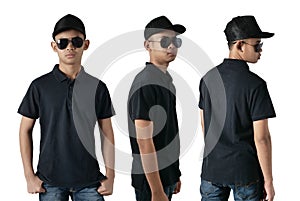Blank collared shirt mock up template, front side and back view, Asian teenage male model wearing plain black t-shirt isolated on