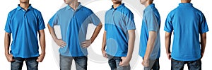 Blank collared shirt mock up template, front side and back view, Asian teenage male model wearing plain blue t-shirt isolated on