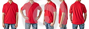 Blank collared shirt mock up template, front side and back view, Asian teenage male model wearing plain red t-shirt isolated on