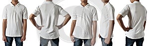 Blank collared shirt mock up template, front side and back view, Asian teenage male model wearing plain white t-shirt isolated on