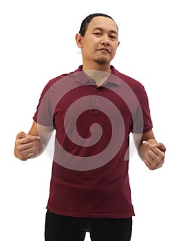 Blank collared shirt mock up template, front view, Asian male model wearing plain maroon red t-shirt and pointing himself,