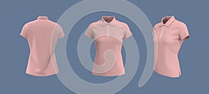 Blank collared shirt mockup, front, side and back views, 3d illustration