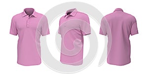 Blank collared shirt mockup, front, side and back views, tee design presentation for print, 3d illustration