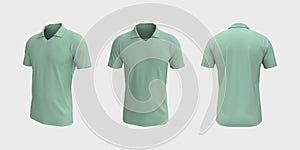 Blank collared shirt mockup, front, side and back views, tee design presentation for print, 3d illustration