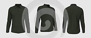 Blank collared shirt mockup, front, side and back views, tee design presentation for print, 3d illustration