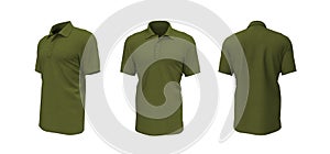 Blank collared shirt mockup, front, side and back views, tee design presentation for print, 3d illustration