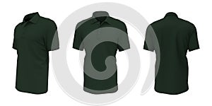 Blank collared shirt mockup, front, side and back views, tee design presentation for print, 3d illustration