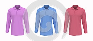 Blank collared shirt mockup, front, side and back views, tee design presentation for print, 3d illustration