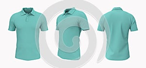 Blank collared shirt mockup, front, side and back views, tee design presentation for print, 3d illustration