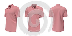 Blank collared shirt mockup, front, side and back views, tee design presentation for print, 3d illustration