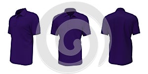 Blank collared shirt mockup, front, side and back views, tee design presentation for print, 3d illustration