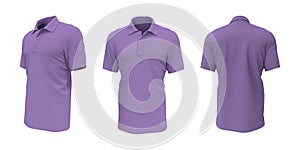 Blank collared shirt mockup, front, side and back views, tee design presentation for print, 3d illustration