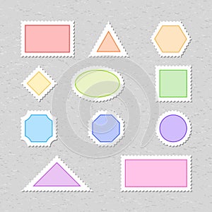 Blank color postage stamps are on a background of gray vintage paper