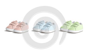 Blank colored baby shoes mockup pair, half-turned view
