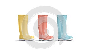 Blank colored rubber wellington boots mockup, half-turned view
