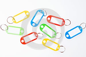 Blank colorful keychains with ring for key. Isolated on white