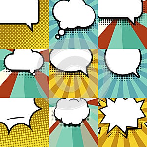 Blank comic balloon set template. Clear comics colorful speech bubbles halftone dot background style pop art collection