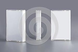 Blank compact cassette tape box design mockup, front profil side view. Vintage cassete tape record case box mock up