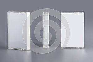 Blank compact cassette tape box design mockup, front profil side view. Vintage cassete tape record case box mock up photo