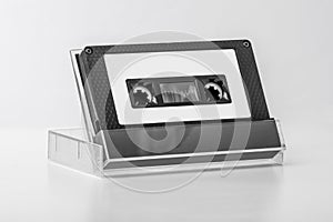 Blank compact cassette tape box label design mockup. Vintage cassete tape record case box mock up. Plastic analog magnetic tape