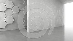 Blank concrete wall with hexagons pattern background with bright light from entrance.