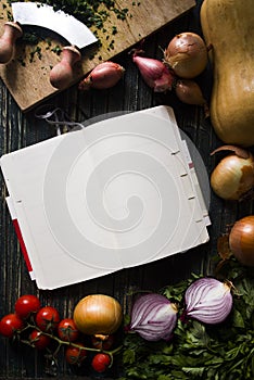 Blank cookbook with fresh ingredients for cooking and seasoning